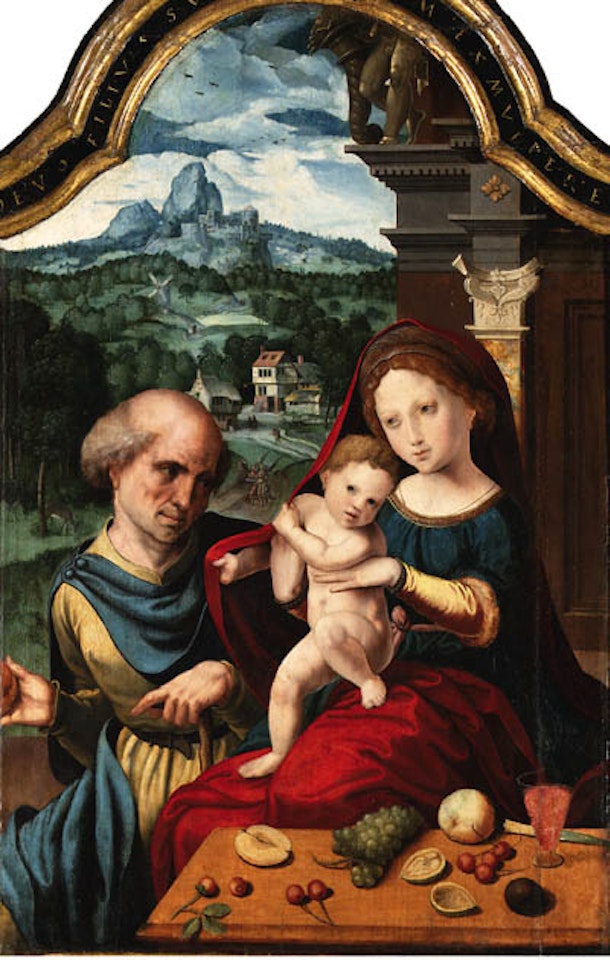 Holy Family with village and mountains beyond by Attributed to Pieter Coecke van Aelst I