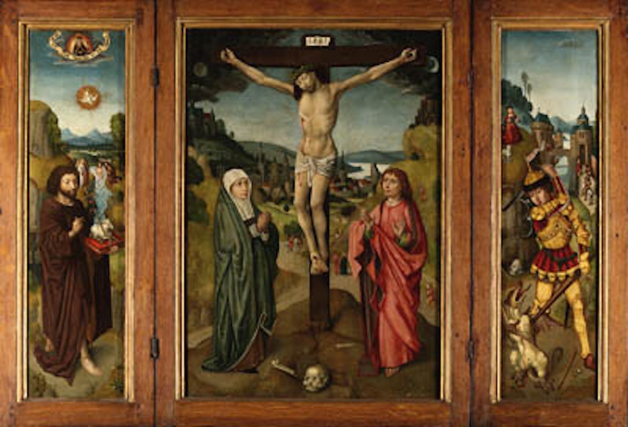 Crucifixion. Saint John Baptist. Saint George slaying dragon by Master of Frankfurt