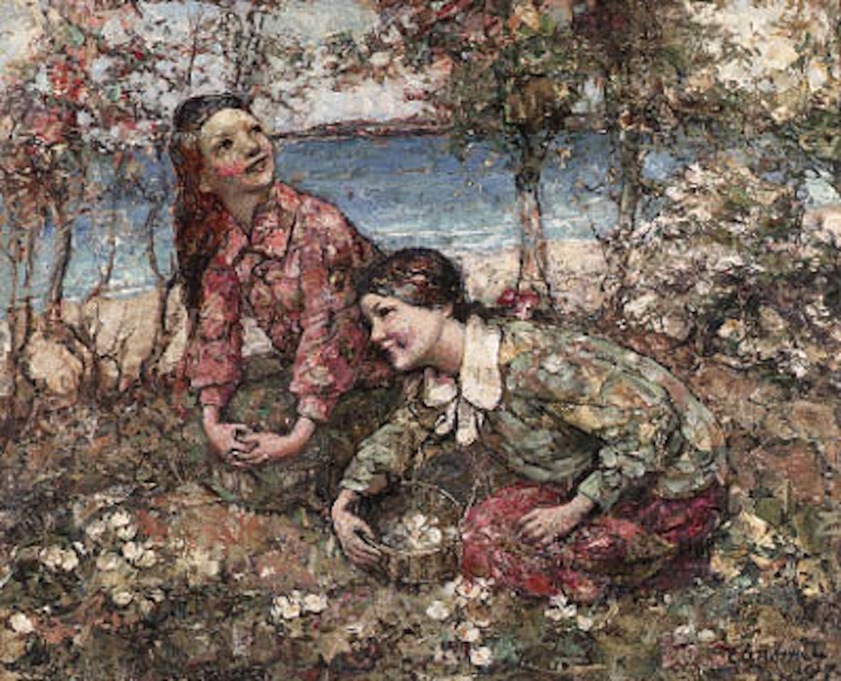 Two girls gathering flowers at Brighouse Bay by Edward Atkinson Hornel