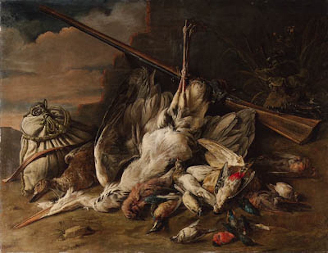 Dead heron, duck, kingfisher and other birds with bag in landscape by Adriaen van Utrecht