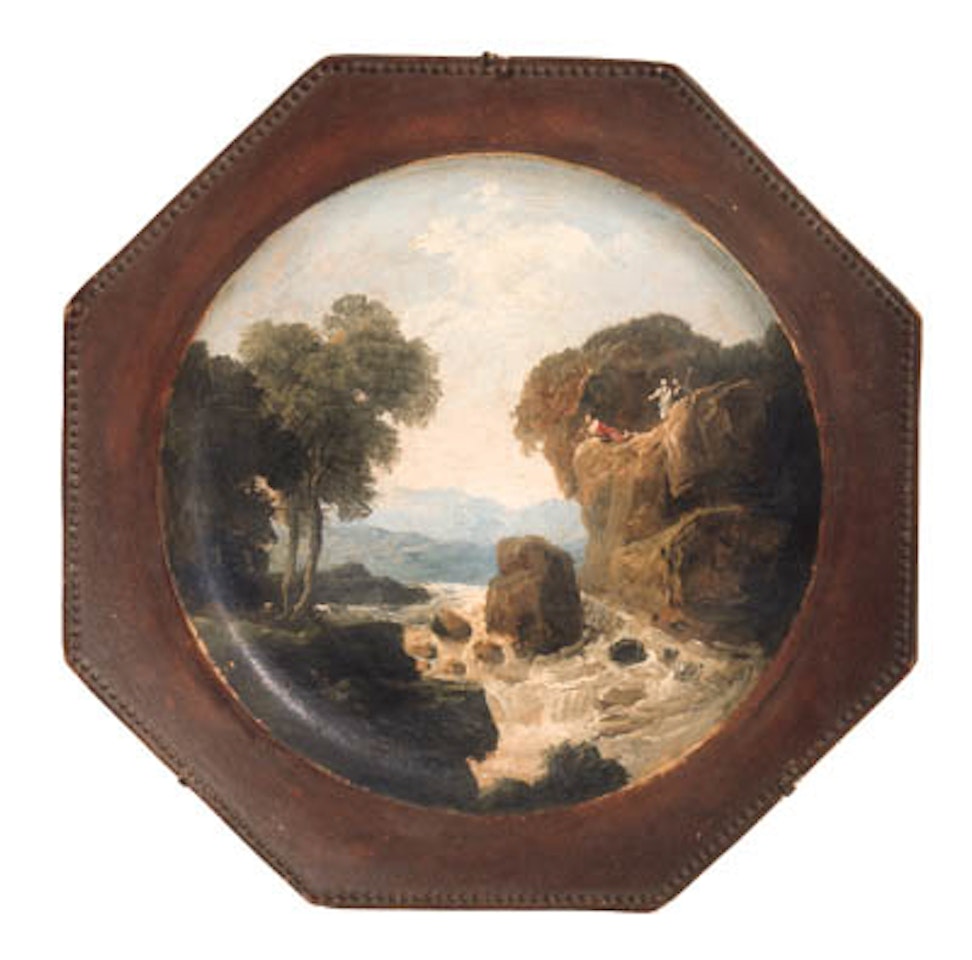 Gorge with figures on rock above waterfall by Hubert Robert