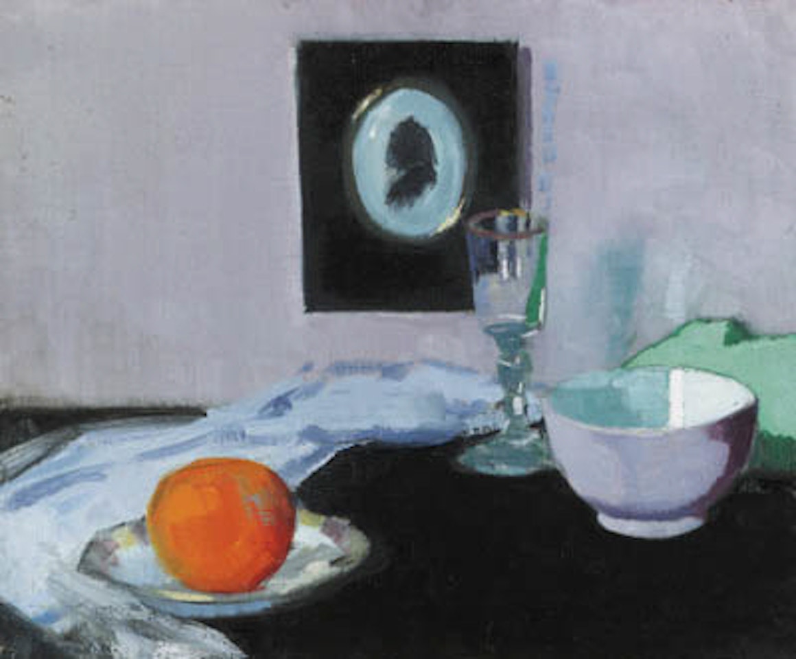 Still life with glass, orange and silhouette by Francis Campbell Boileau Cadell