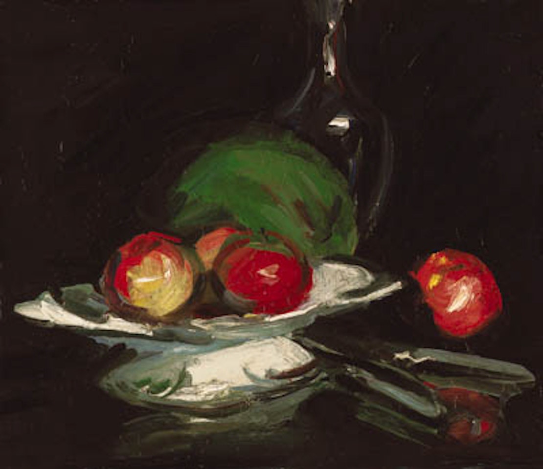 Still life with bowl of fruit, melon and carafe by Samuel John Peploe