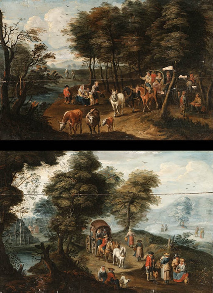 River landscape with travellers on path by Karel Beschey