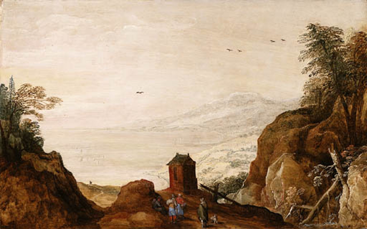Extensive mountain landscape with peasants on track by Joos de Momper the Younger