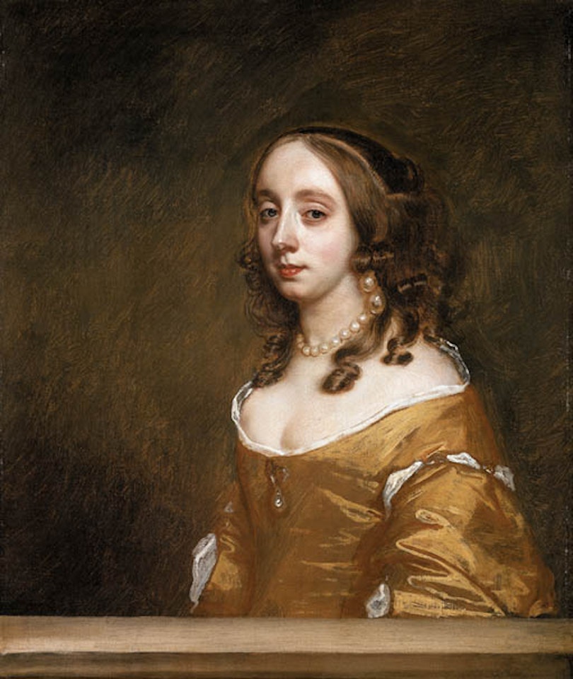 Lady of the Popham Family, behind casement, in orange dress by Sir Peter Lely