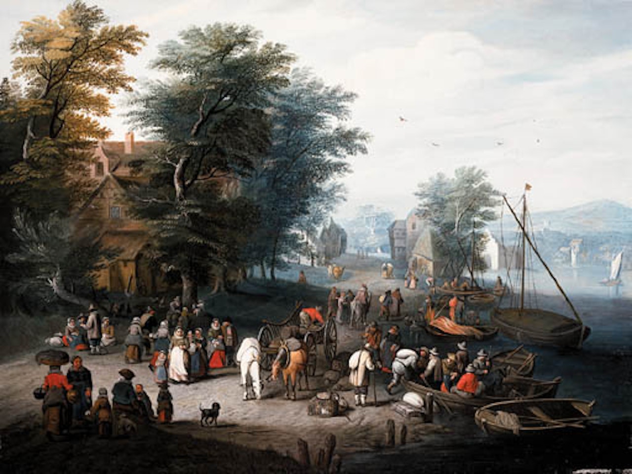 Wooded river landscape with travellers unloading cargo by Karel Beschey