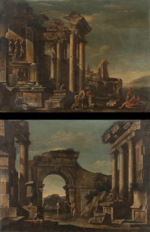Capricci of classical ruins with philosophers and soldiers by Giovanni Ghisolfi