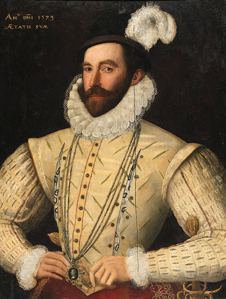 Portrait of Francis Hart, wearing yellow doublet and red hose by English School