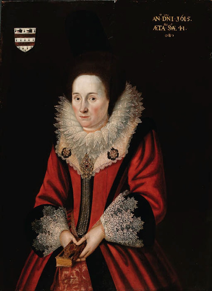 Portrait of Sarah Jones, wife of Thomas Jones, of Shrewsbury , Shropshire, wearing red dress by English School