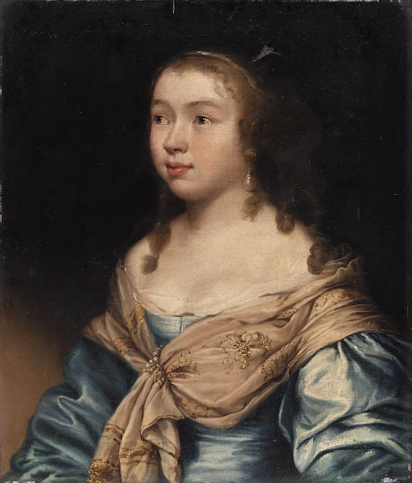 Portrait of young woman wearing a blue dress by John Hayls