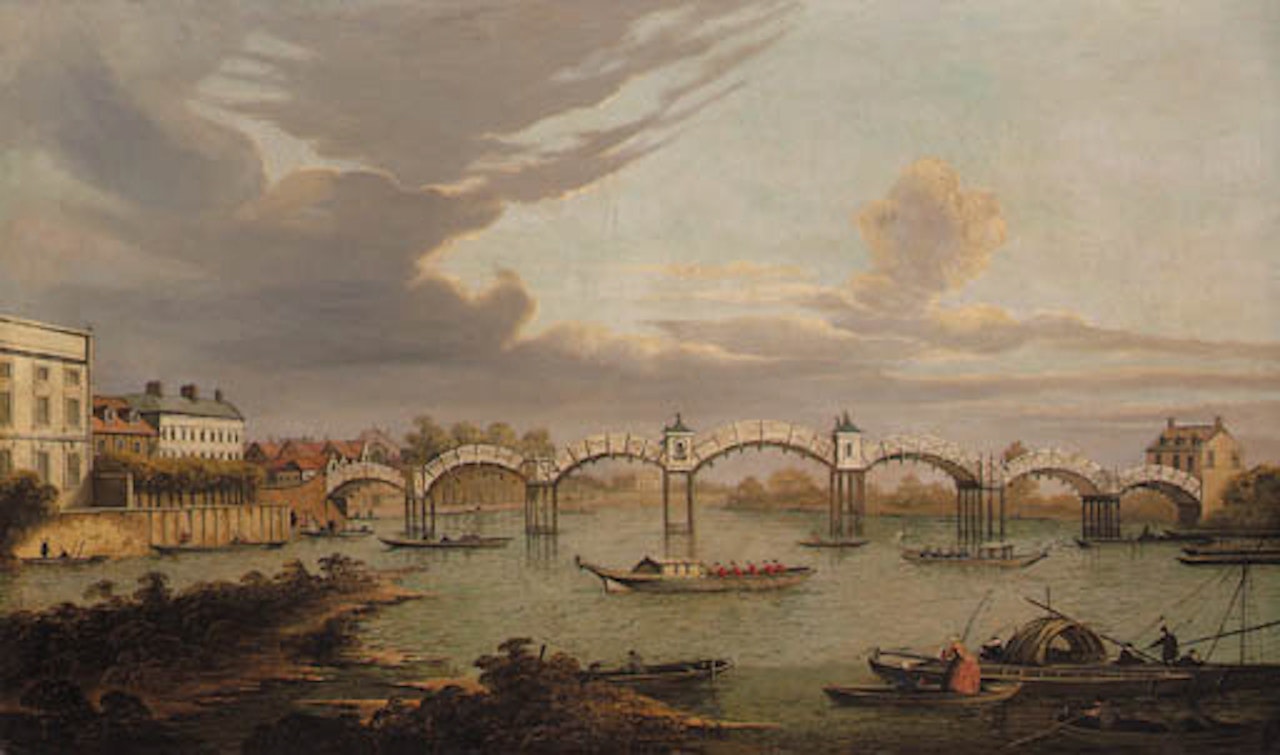 View of Hampton Court Bridge, with boats on the river Thames and King Henry VIII's Chapel beyond by Canaletto