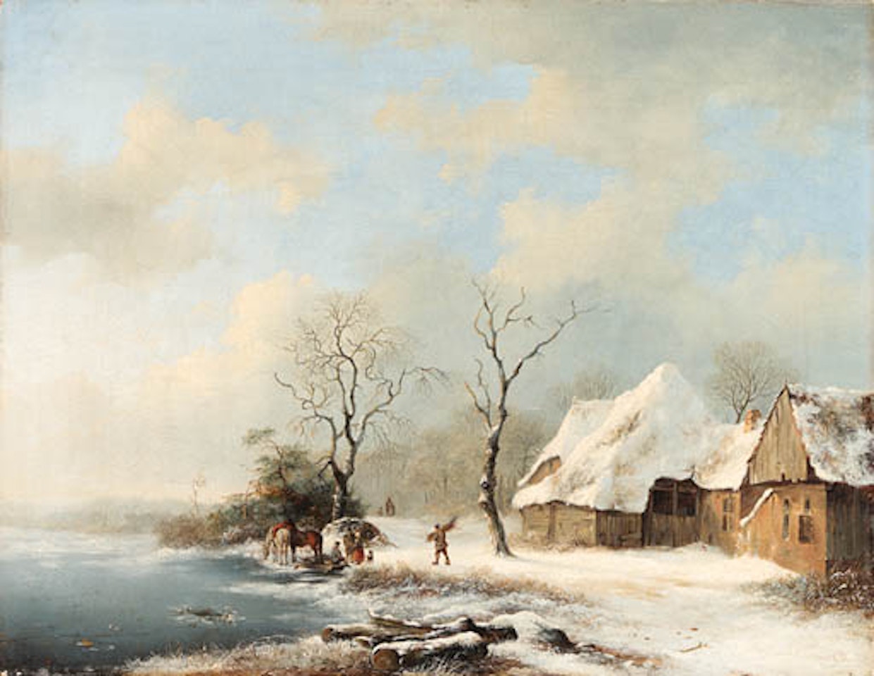 Winter landscape with figures on horseback near barn by Fredrik Marinus Kruseman