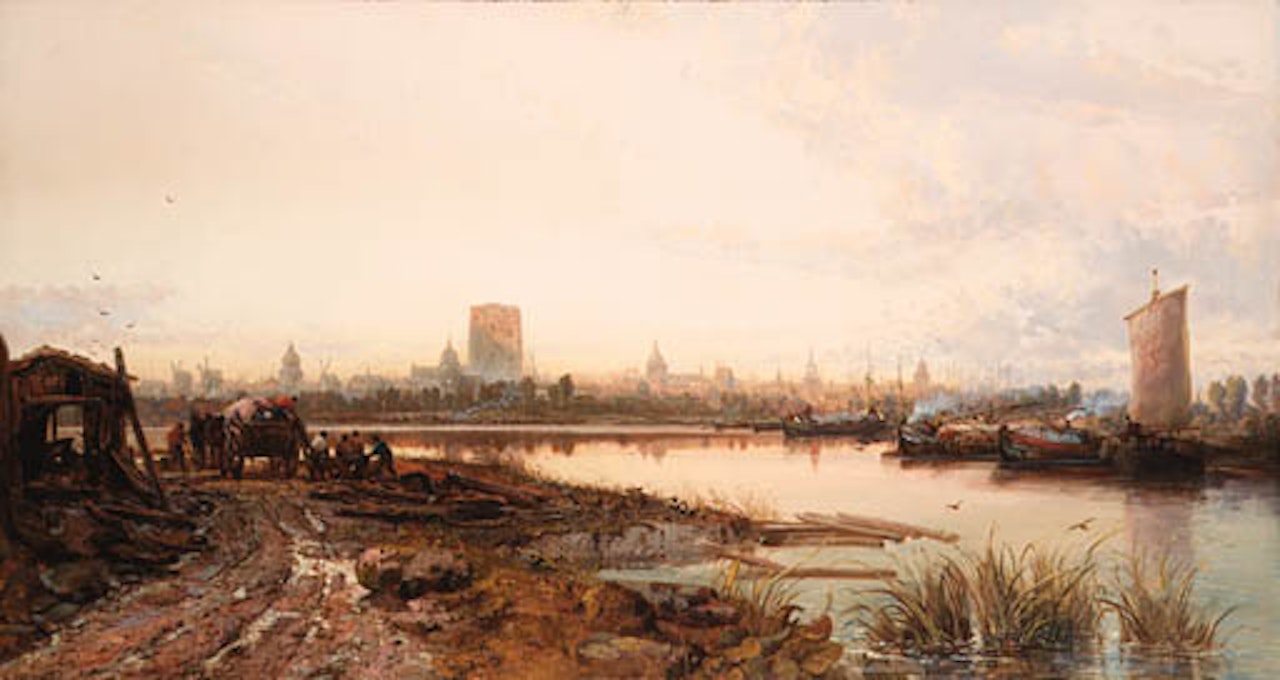 Fisherfolk on shore at sunset by James Webb