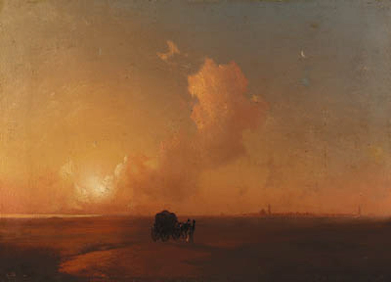 Camel-cart at sunset in coastal landscape by Ivan Konstantinovich Aivazovsky