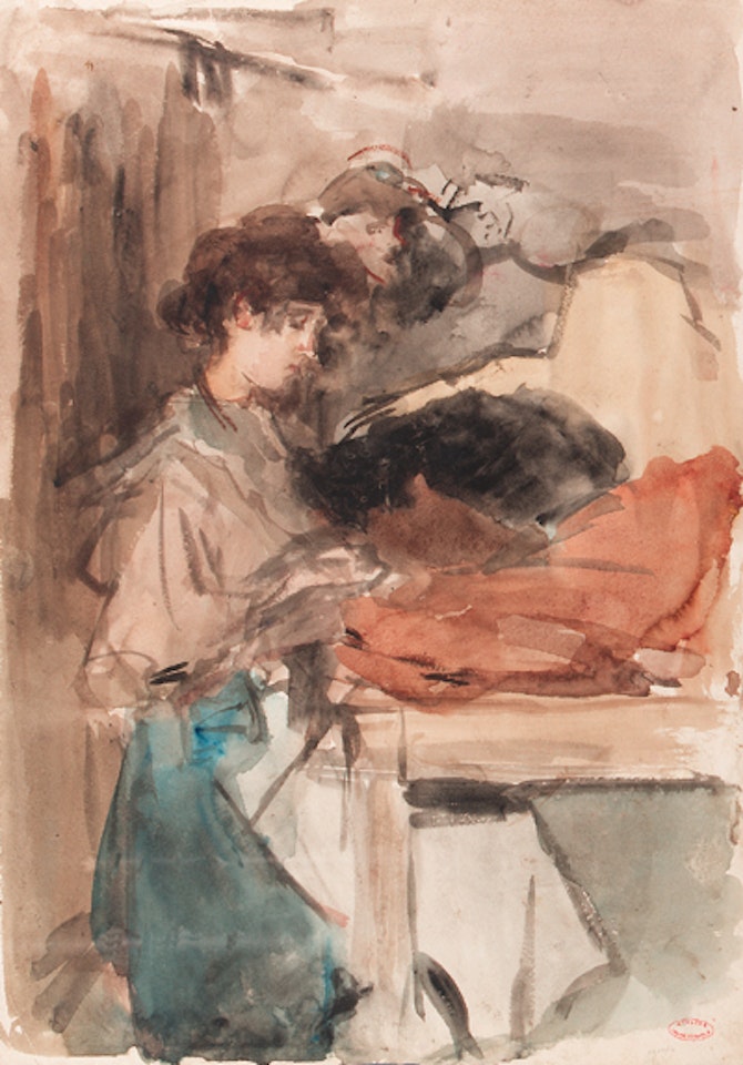 Seamstress at work in Paguin's studio, Paris by Isaac Israels