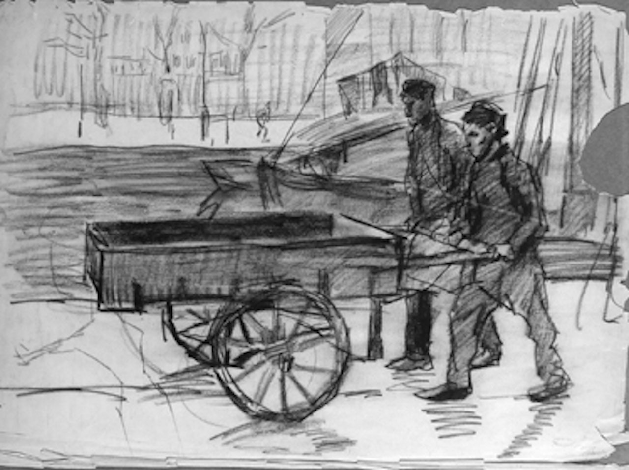 Men pushing cart, Noordermarkt by Isaac Israels