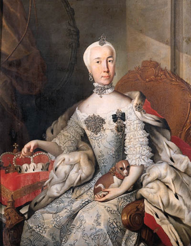 Portrait of a queen with pet dog in lap by German School