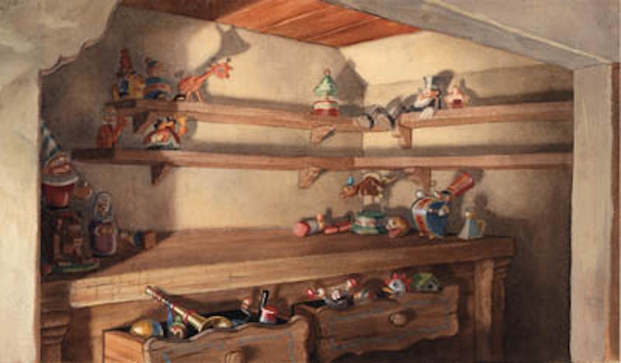 Pinocchio - Gepetto's bench with toys on shelf by Walt Disney Studios