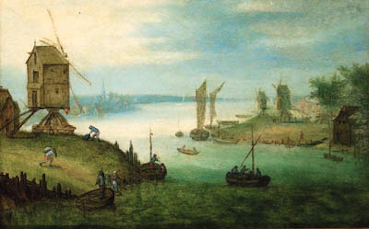 River landscape with ferry by windmill by Jan Brueghel the Younger