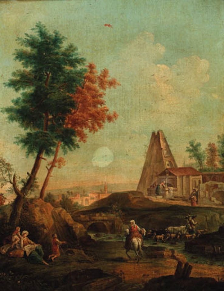 Italianate landscape with shepherds crossing stream by Giovanni Battista Cimaroli
