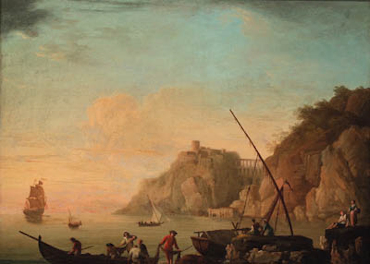 Mediterranean coastline with fisherfolk on shore by Claude Joseph Vernet