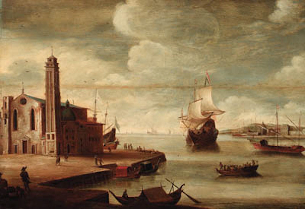 Italianate harbour with church on quayside by Jan Abrahamsz. Beerstraten