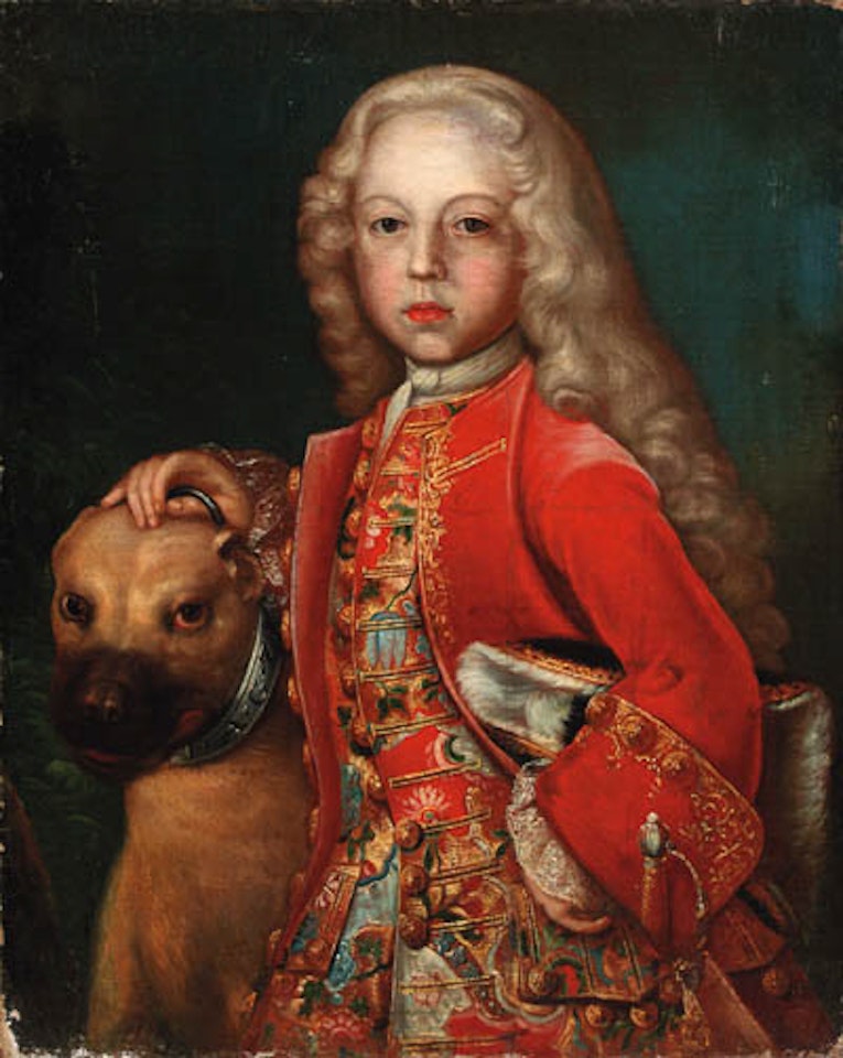 Portrait of young man, in gold embroidered waistcoat, with dog by German School
