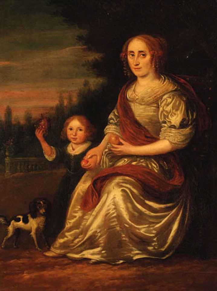 Portrait of lady, in white dress, with son and spaniel by Nicolaes Maes
