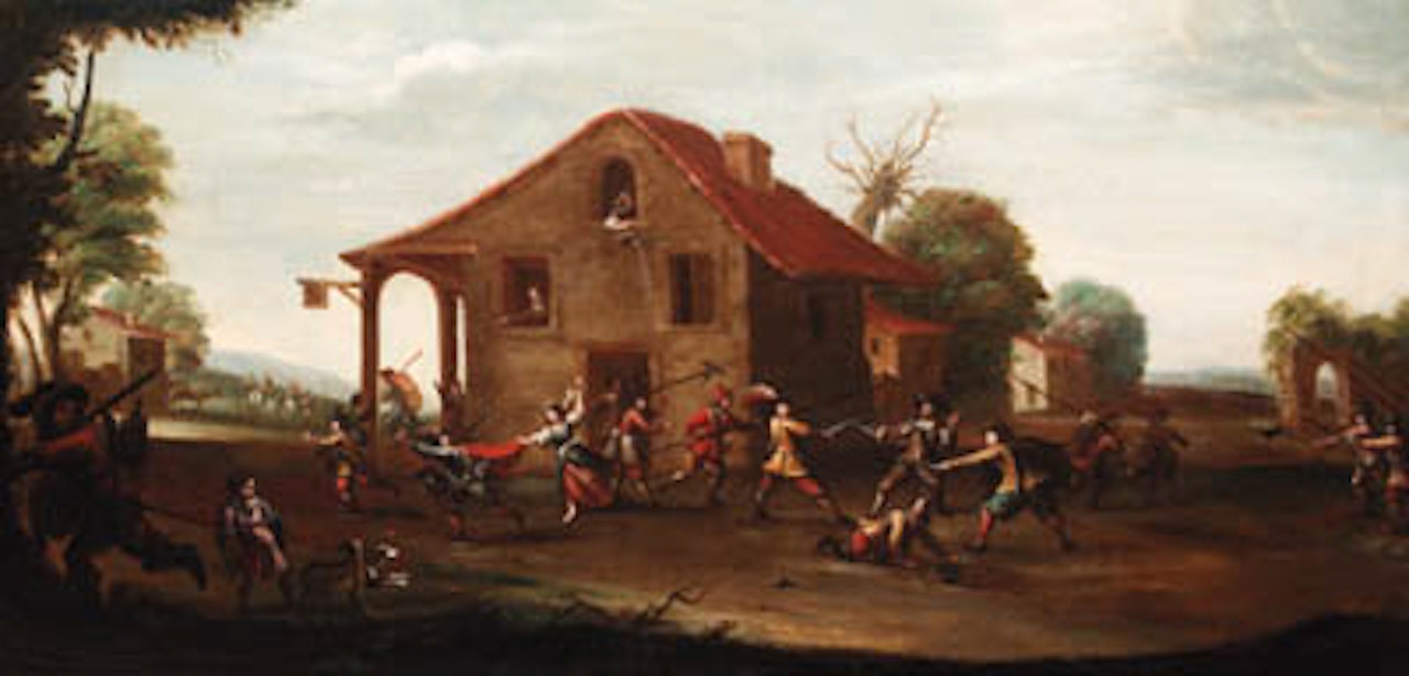 Soldiers fighting outside tavern by Cornelis de Wael