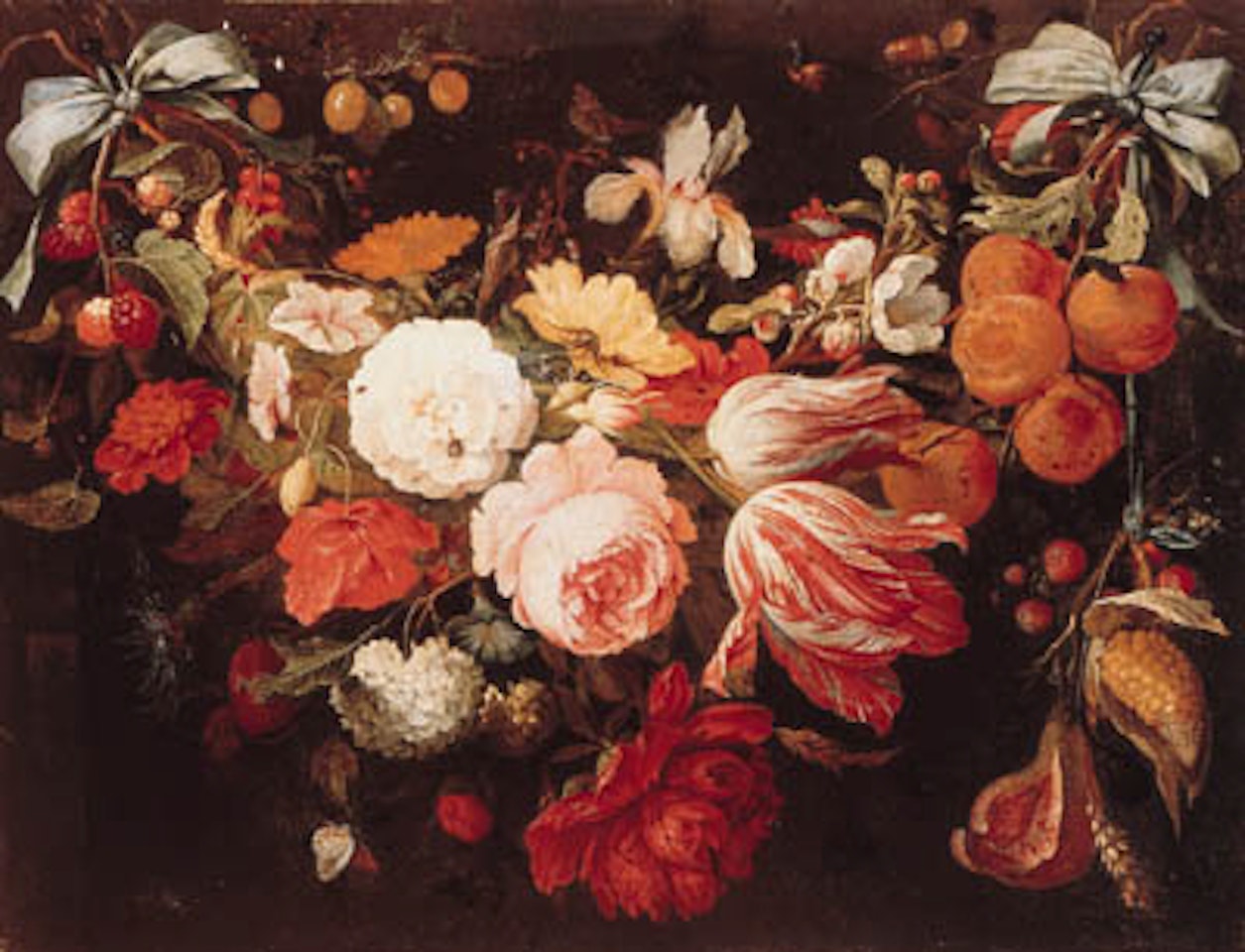 Swag of flowers and fruit with caterpillars, beetles, butterflies and snail by Abraham Mignon