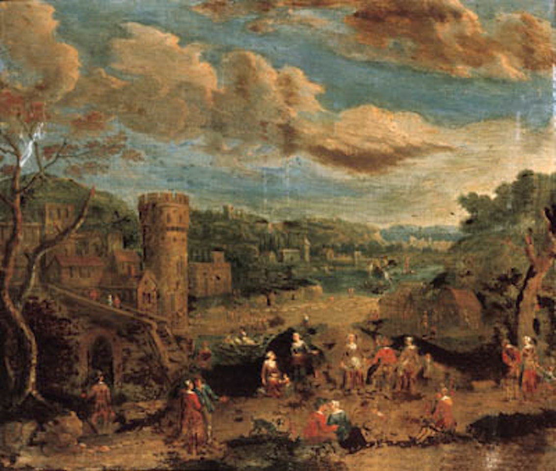 River landscape with villagers. River landscape with peasants dancing by Pieter Bout