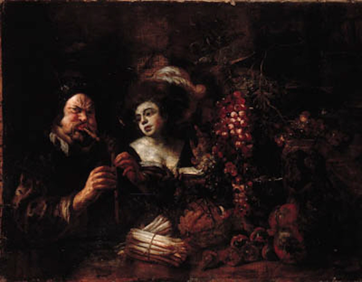 Bagpipe player and lady at table by Jacob Jordaens