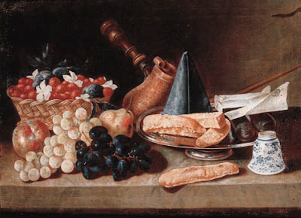 Still life with strawberries and other fruit, coffee pot, cup and plate by German School