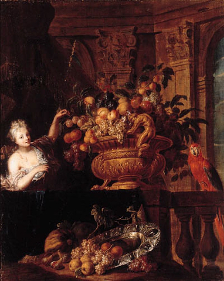 Fruit in silver-gilt bowl, with monkey, squirrel and lady. Fruit in gilt bowl with macaw and lady by Jan Pauwel Gillemans