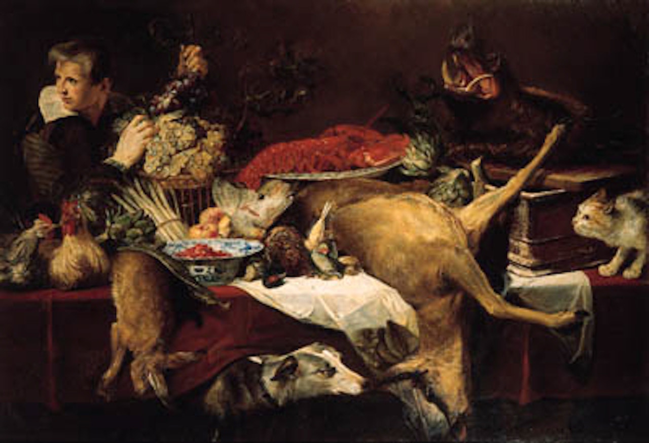 Chickens, dead hare, dead game, vegetables with page taking bunch of grapes by Frans Snyders