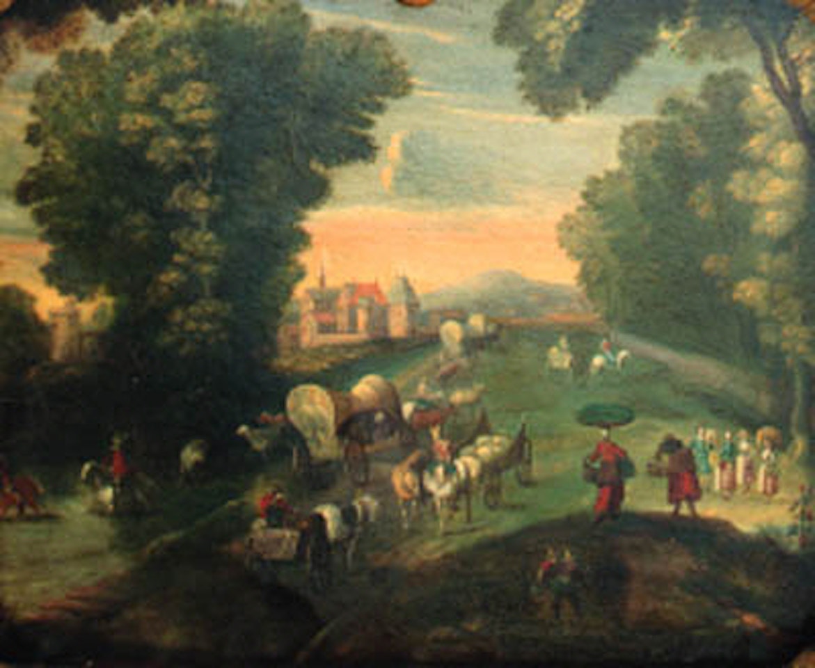 Peasants and travellers on road by fortified mansion by Jan Brueghel the Younger