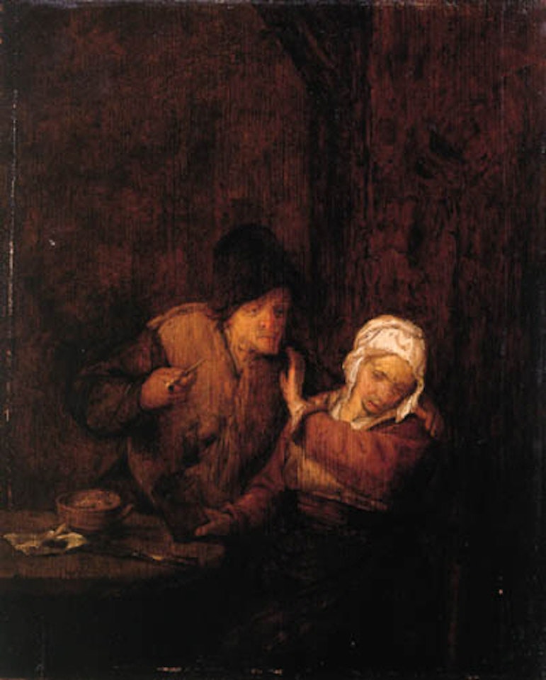 Boor courting a maid in an inn by Adriaen van Ostade