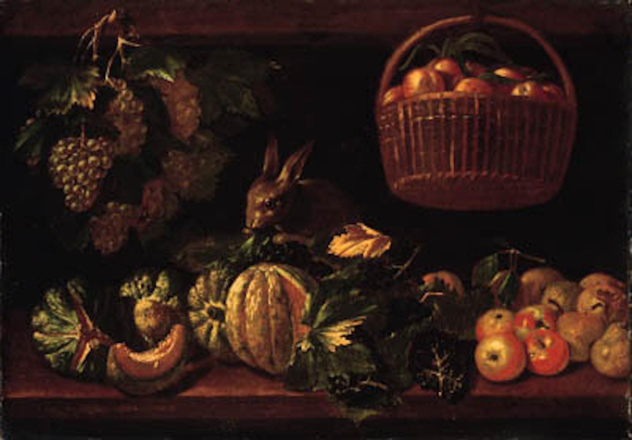 Fruit, rabbit on wooden ledge and apples in basket by Michele Pace del Campidoglio