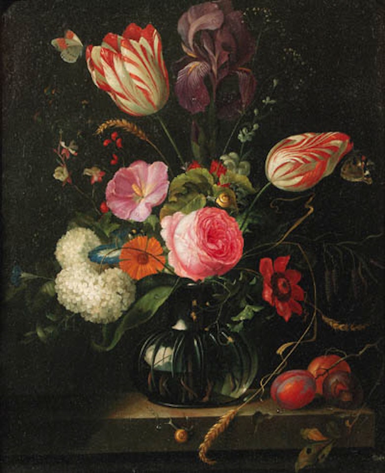 Tulips, roses and other flowers in glass vase by Abraham Mignon