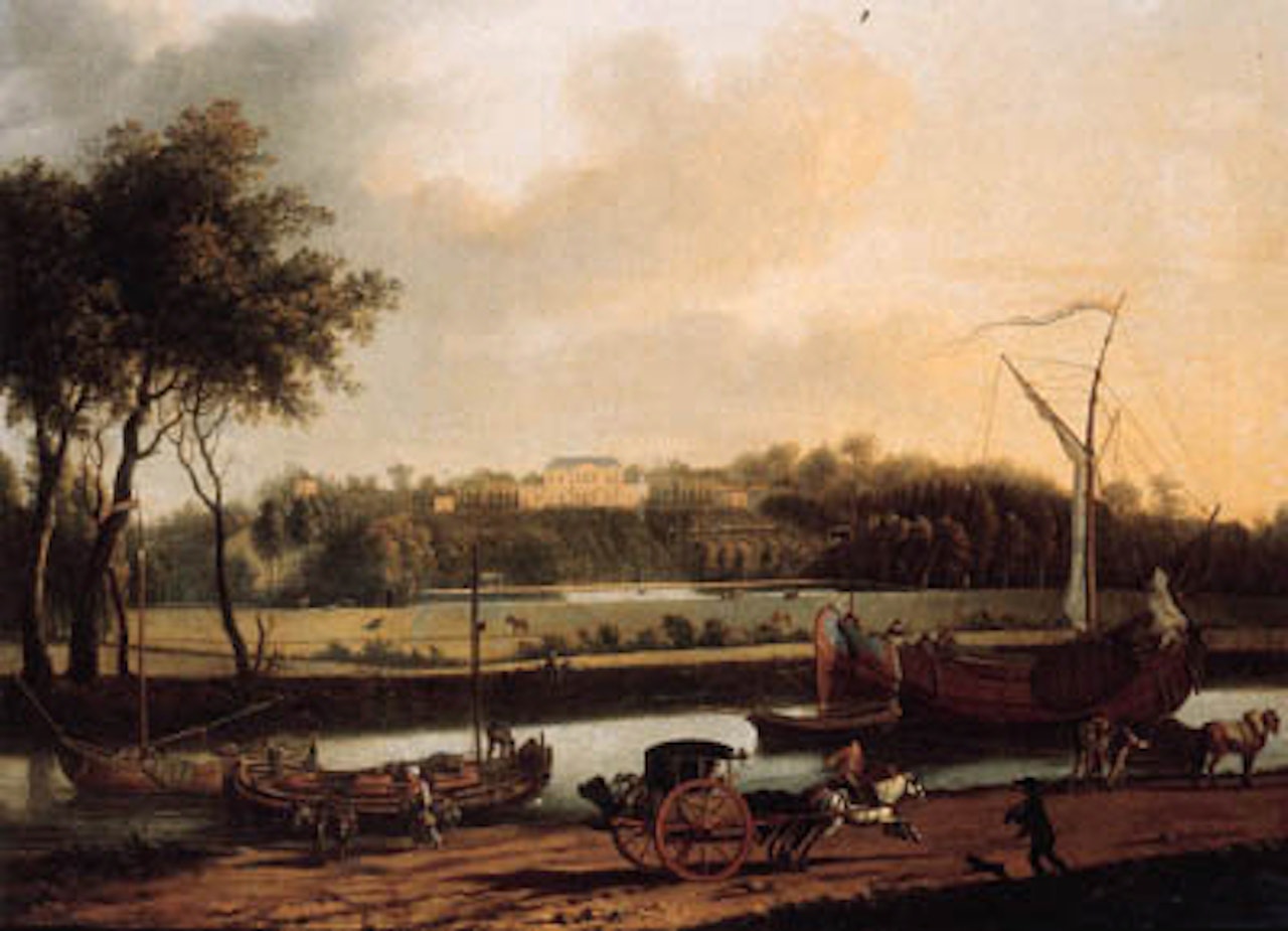 Carriage on a road by canal by Dutch School