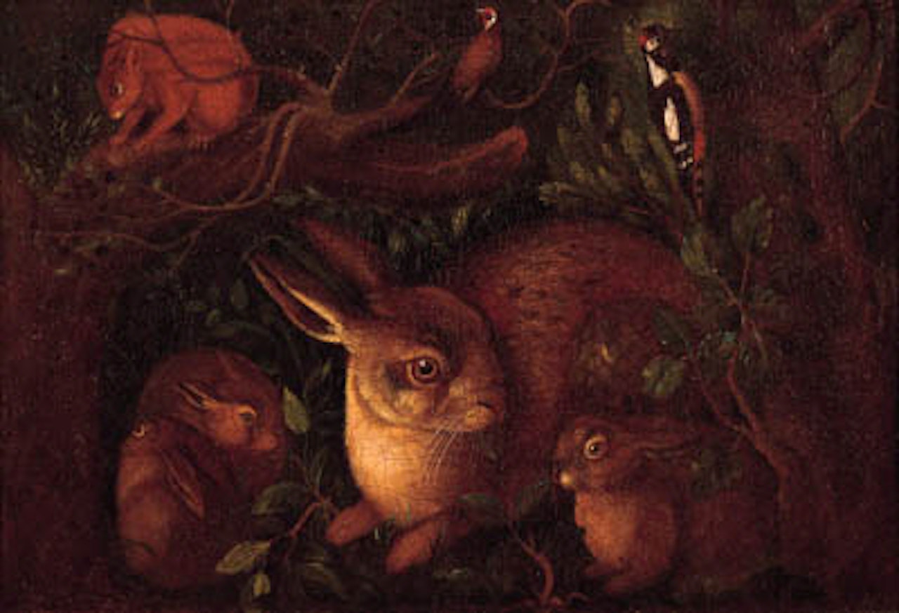Hares in forest with squirrel, woodpecker and another bird by German School