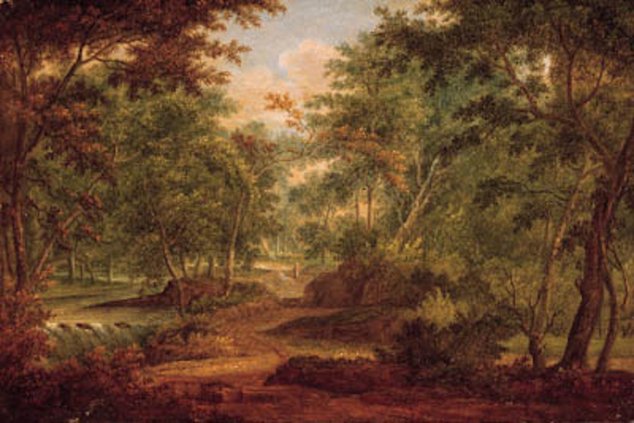 Traveller on sandy track by waterfall in forest by Abraham Govaerts