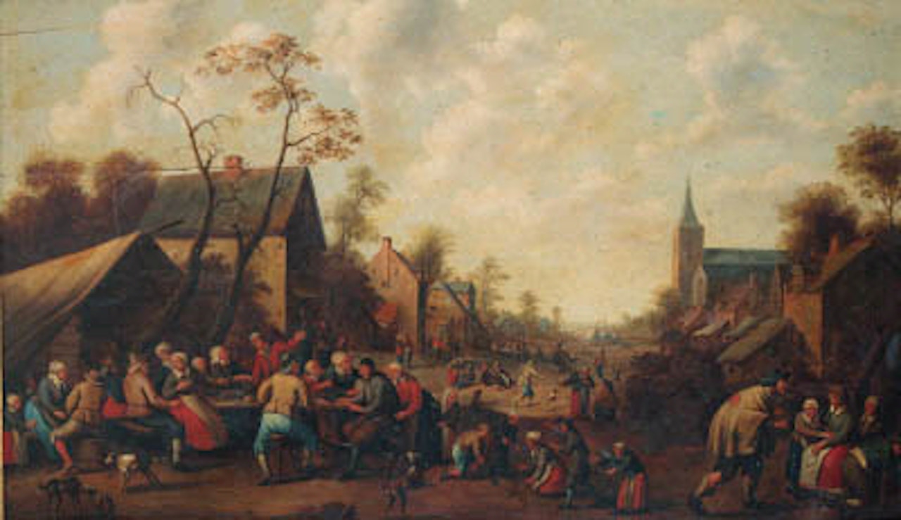 Peasants drinking and eating at tables in village street by Joost Cornelisz Droochsloot