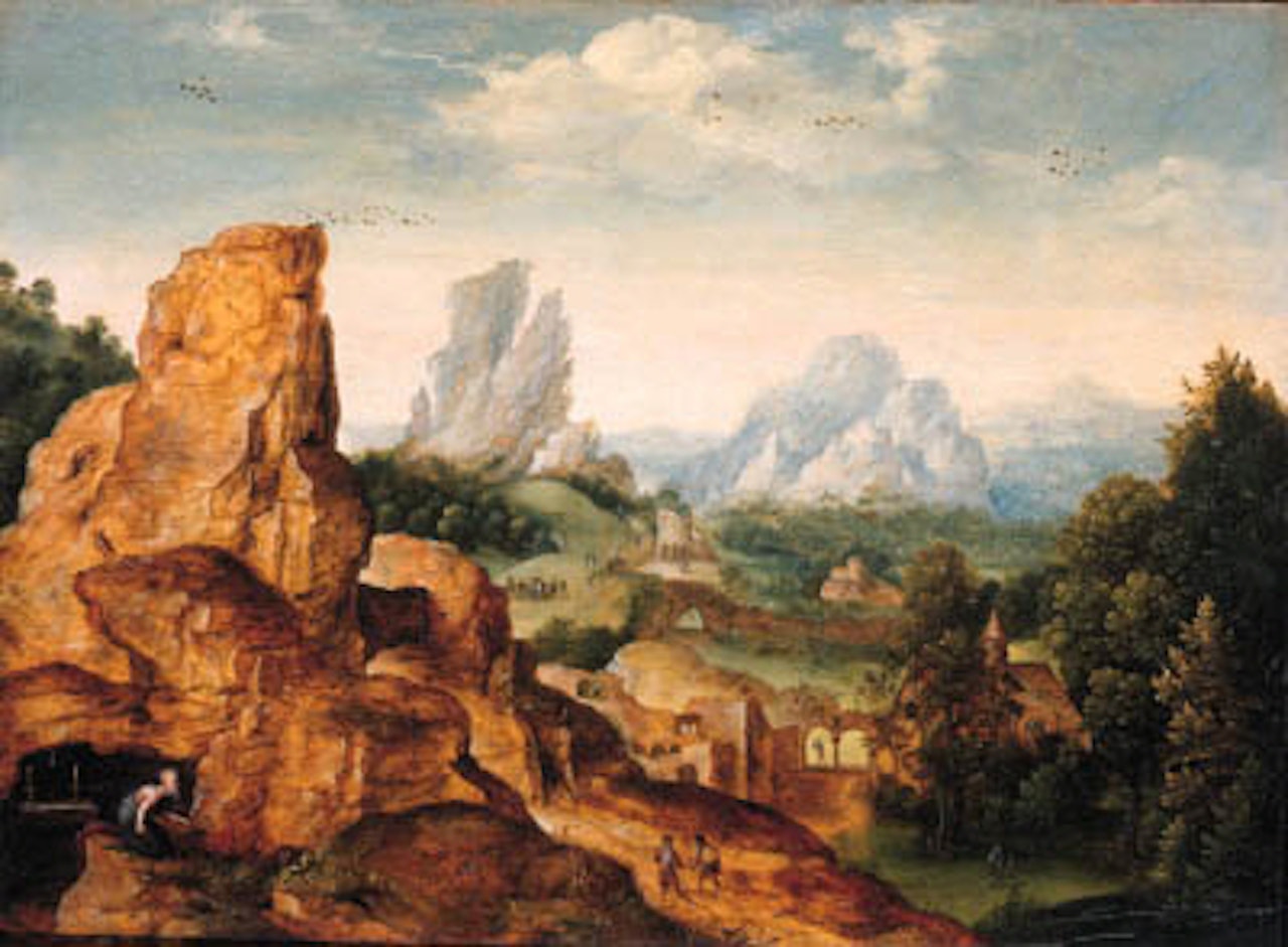 Penitent Saint Jerome in grotto in mountainous landscape by Herri met de Bles