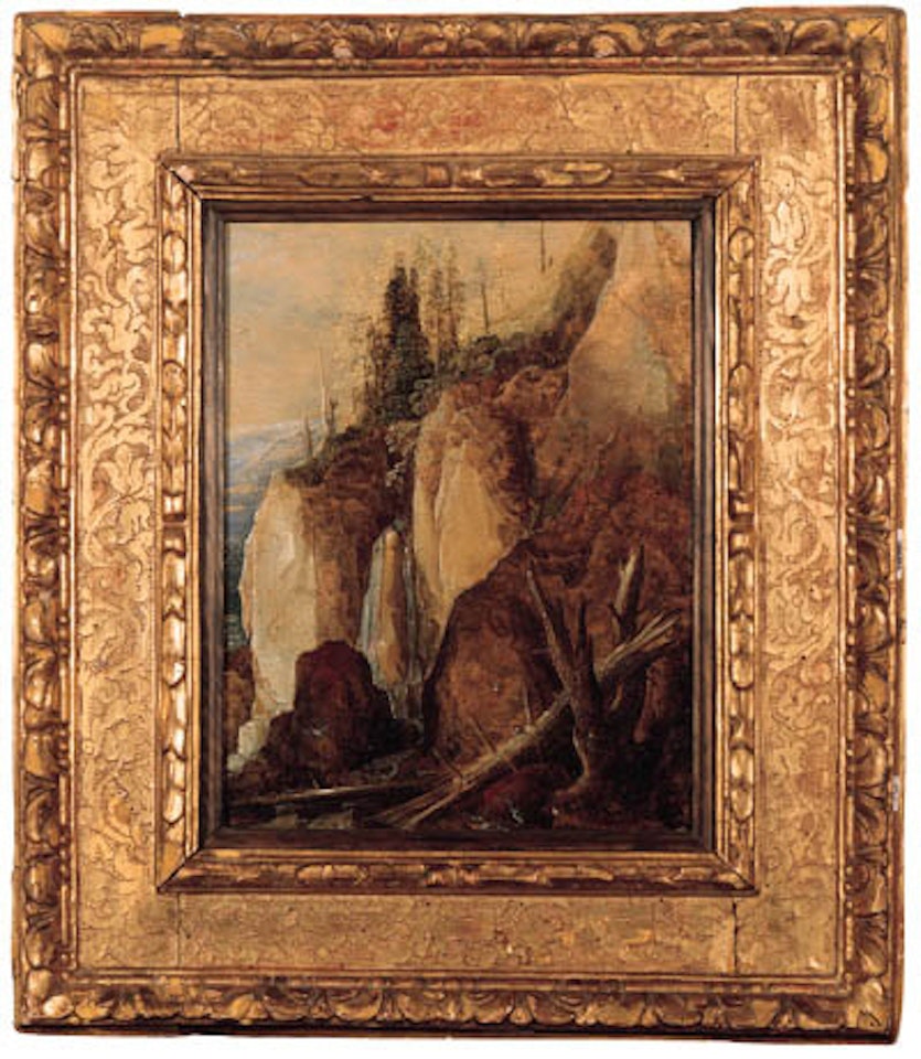 Fallen tree by waterfall in mountainous landscape by Joos de Momper the Younger