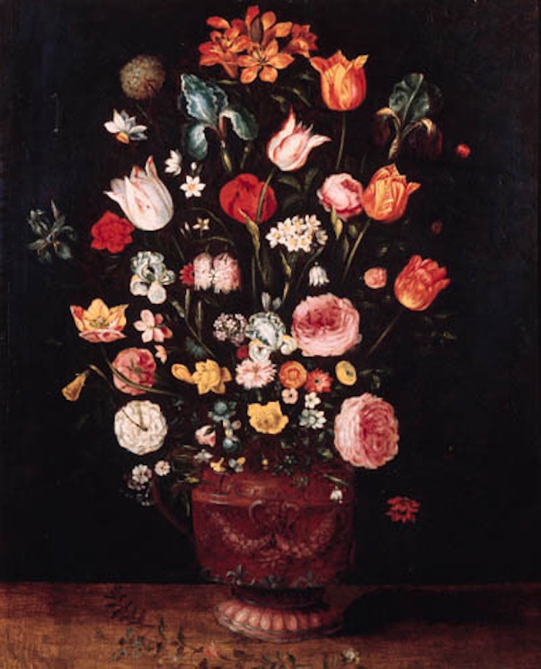 Flowers in sculpted vase on wooden ledge by Jan Brueghel the Younger