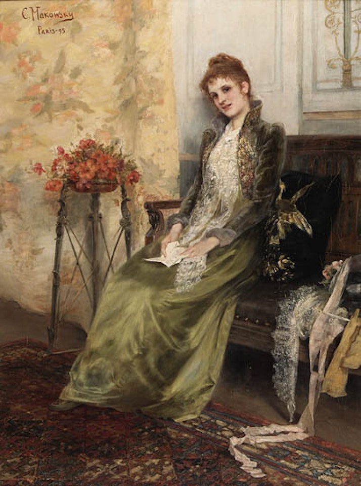 Portrait of a woman reading by Konstantin Makovsky