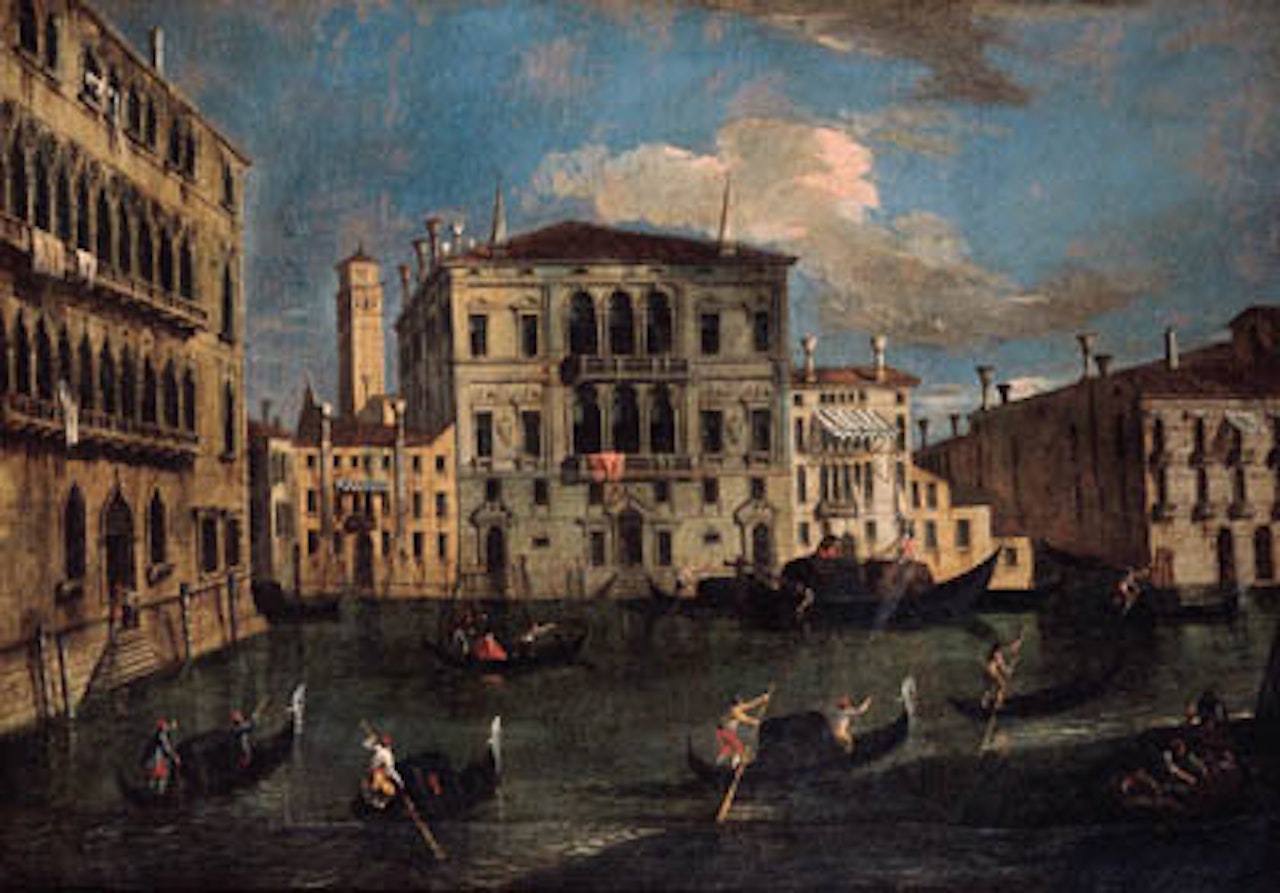 View in Venice with gondolas on canal by Michele Marieschi