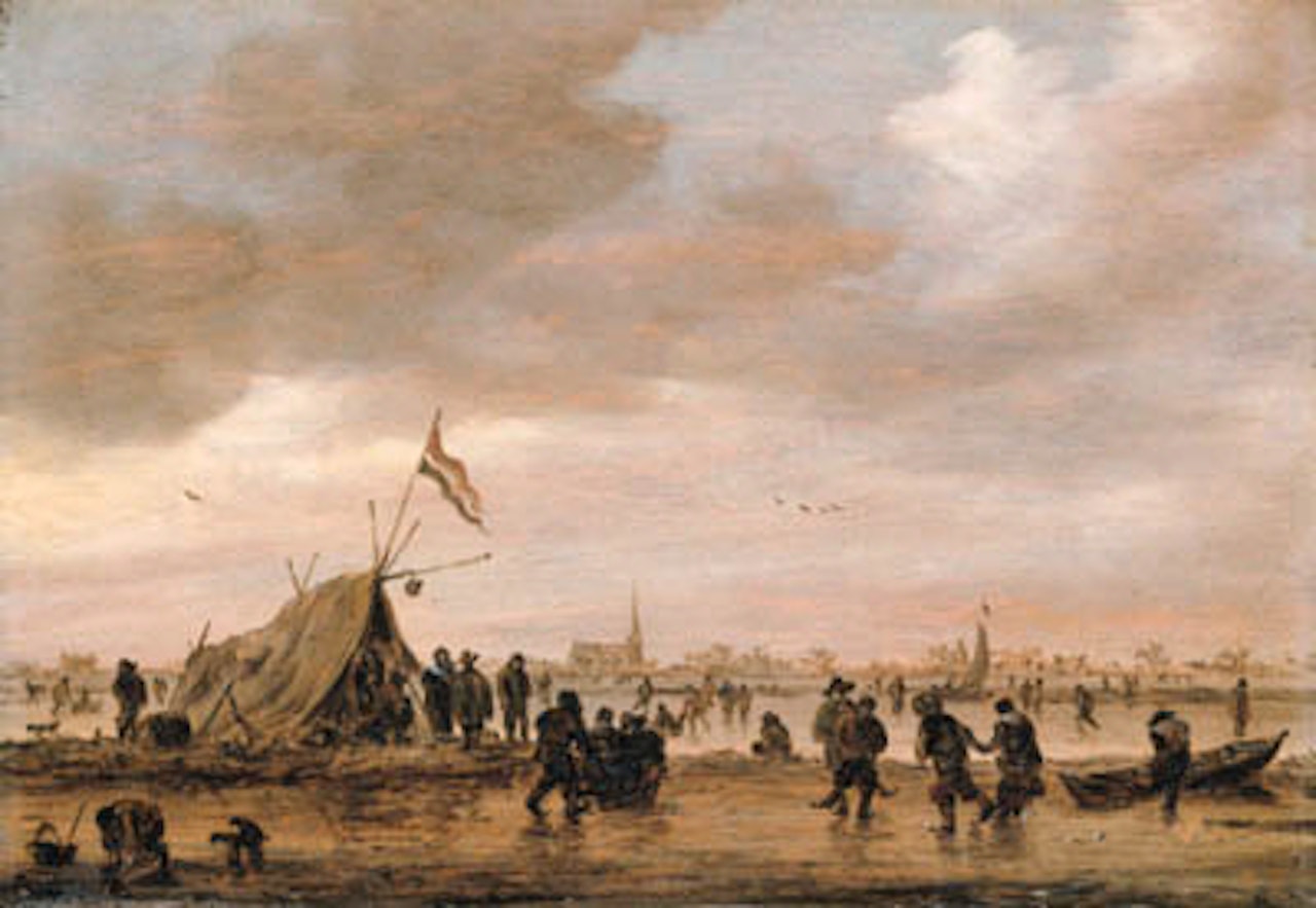 Winter landscape with villagers on a frozen waterway by Jan van Goyen